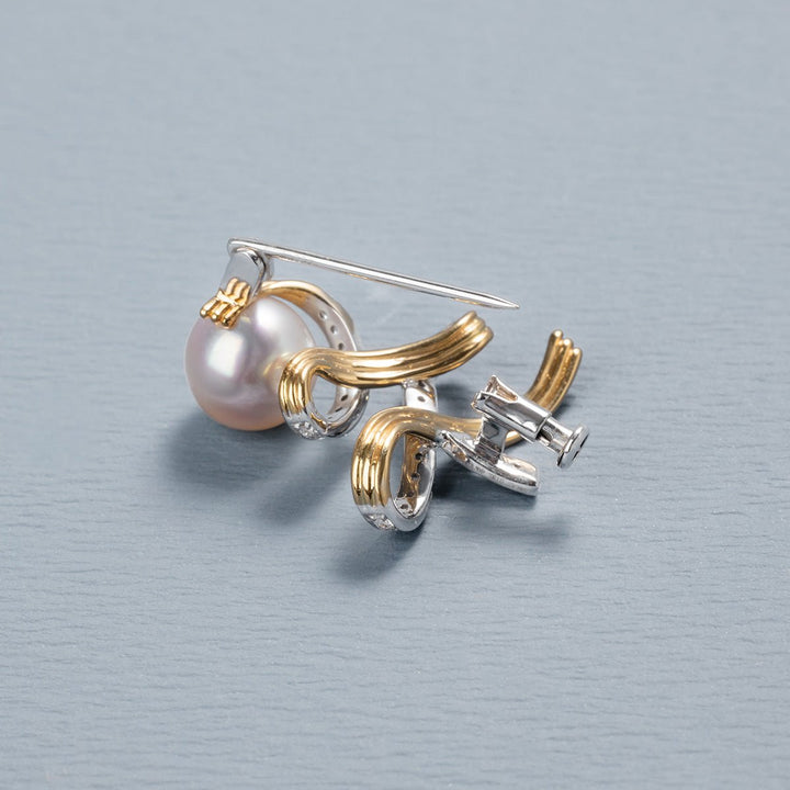 Akoya Pearl 18K Gold Diamonds Two - tone Ribbon Wish Tree Brooch - HELAS Jewelry