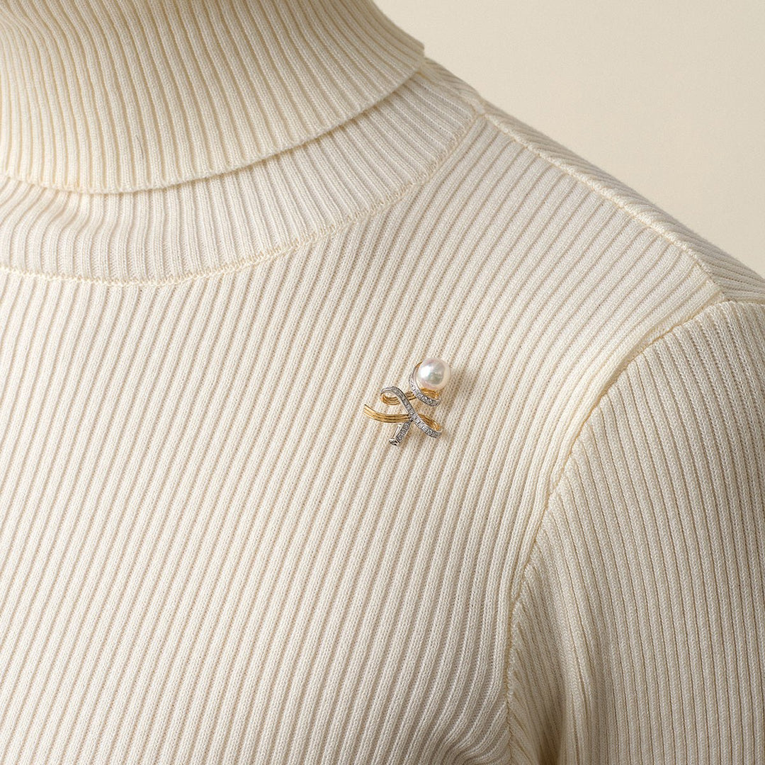 Akoya Pearl 18K Gold Diamonds Two - tone Ribbon Wish Tree Brooch - HELAS Jewelry