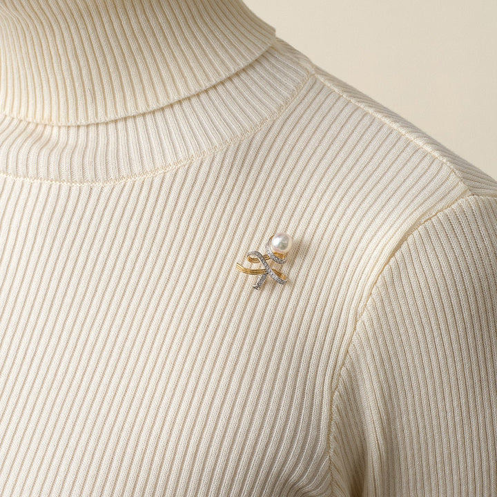 Akoya Pearl 18K Gold Diamonds Two - tone Ribbon Wish Tree Brooch - HELAS Jewelry