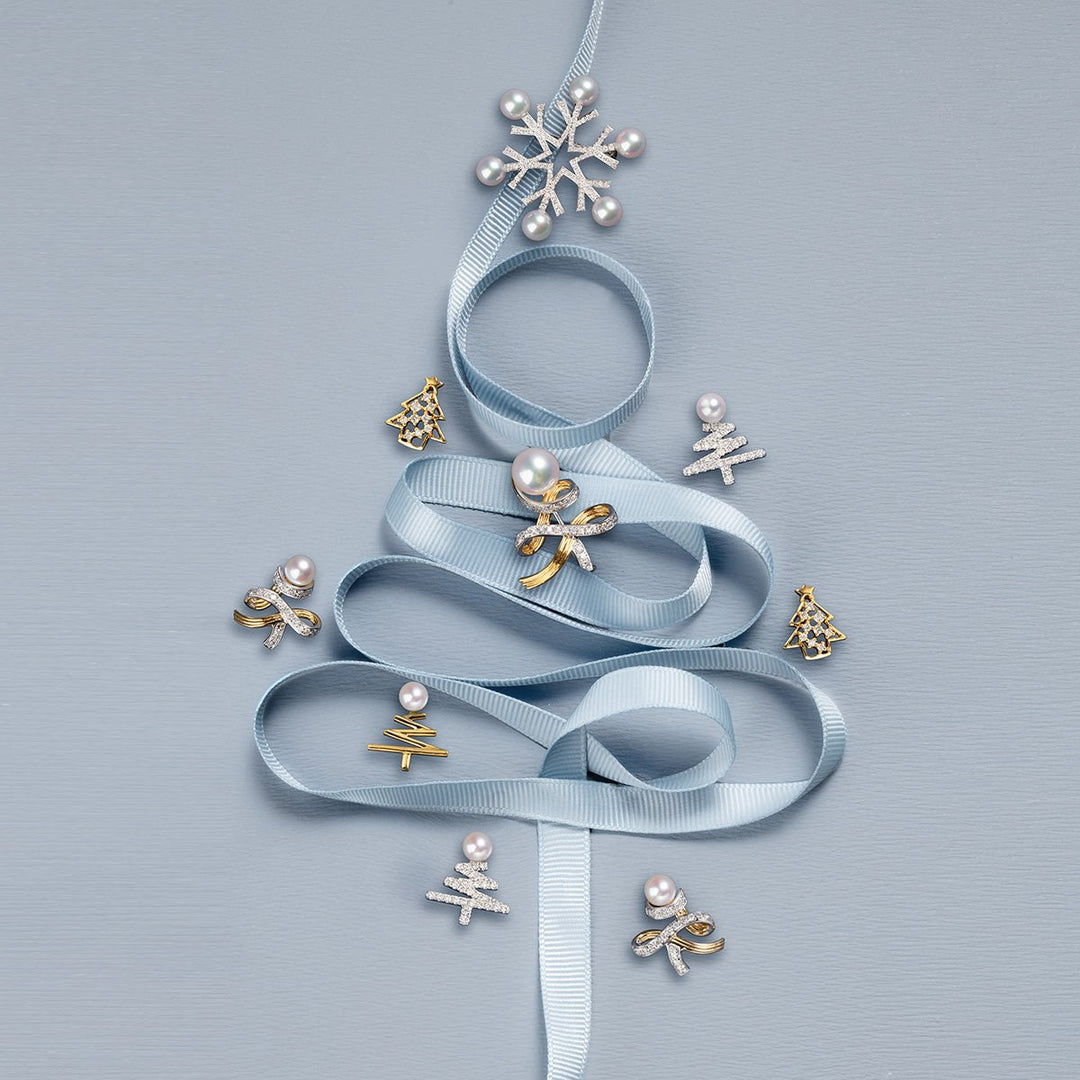 Akoya Pearl 18K Gold Diamonds Two - tone Ribbon Wish Tree Earrings - HELAS Jewelry