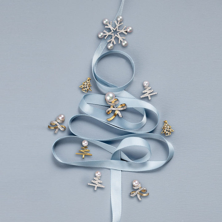 Akoya Pearl 18K Gold Diamonds Two - tone Ribbon Wish Tree Earrings - HELAS Jewelry