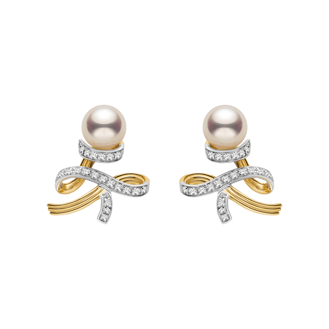 Akoya Pearl 18K Gold Diamonds Two - tone Ribbon Wish Tree Earrings - HELAS Jewelry