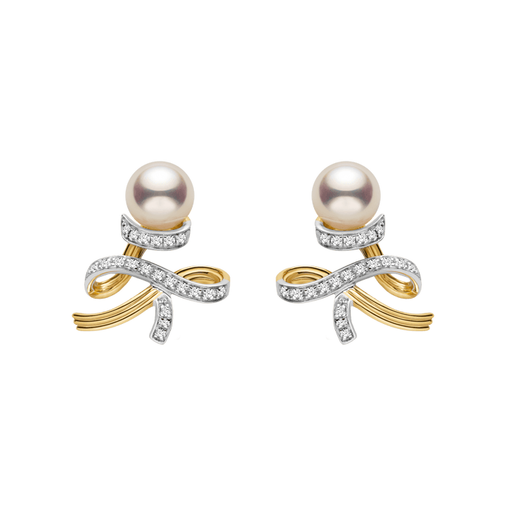 Akoya Pearl 18K Gold Diamonds Two - tone Ribbon Wish Tree Earrings - HELAS Jewelry