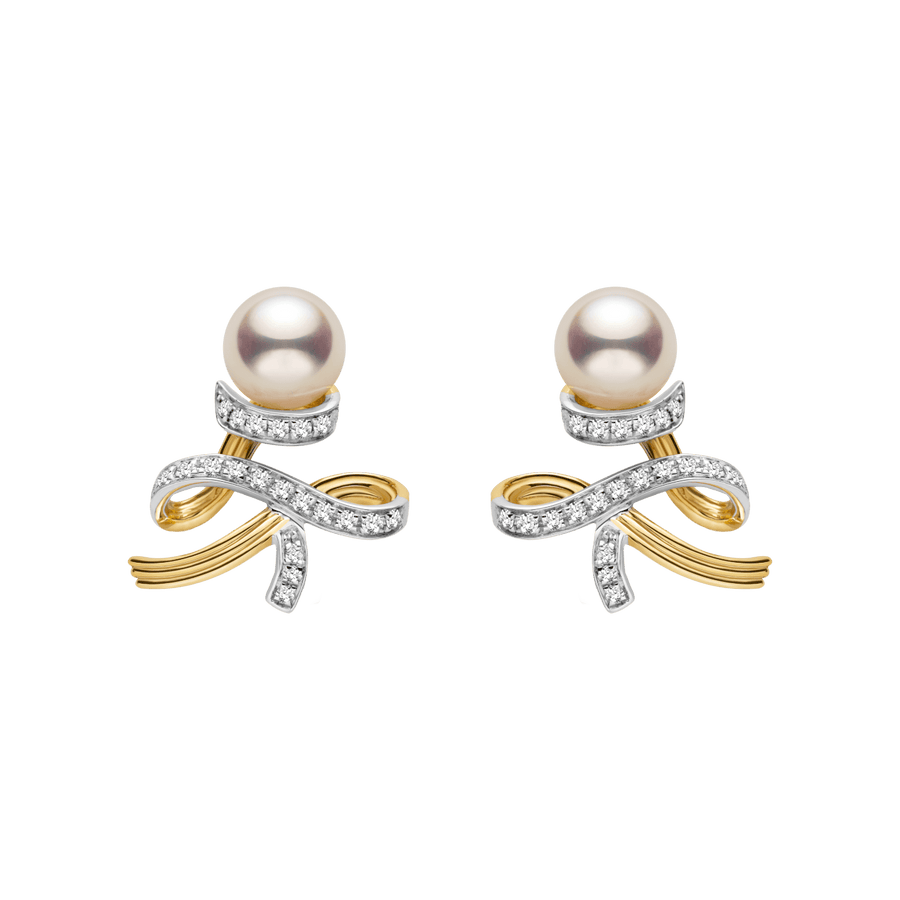 Akoya Pearl 18K Gold Diamonds Two - tone Ribbon Wish Tree Earrings - HELAS Jewelry