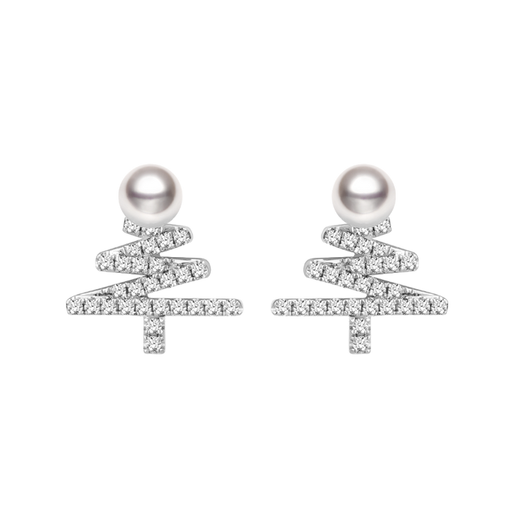 Wish Collection Akoya Pearl Christmas Tree earrings in 18k white gold featuring pearl accents and festive holiday design