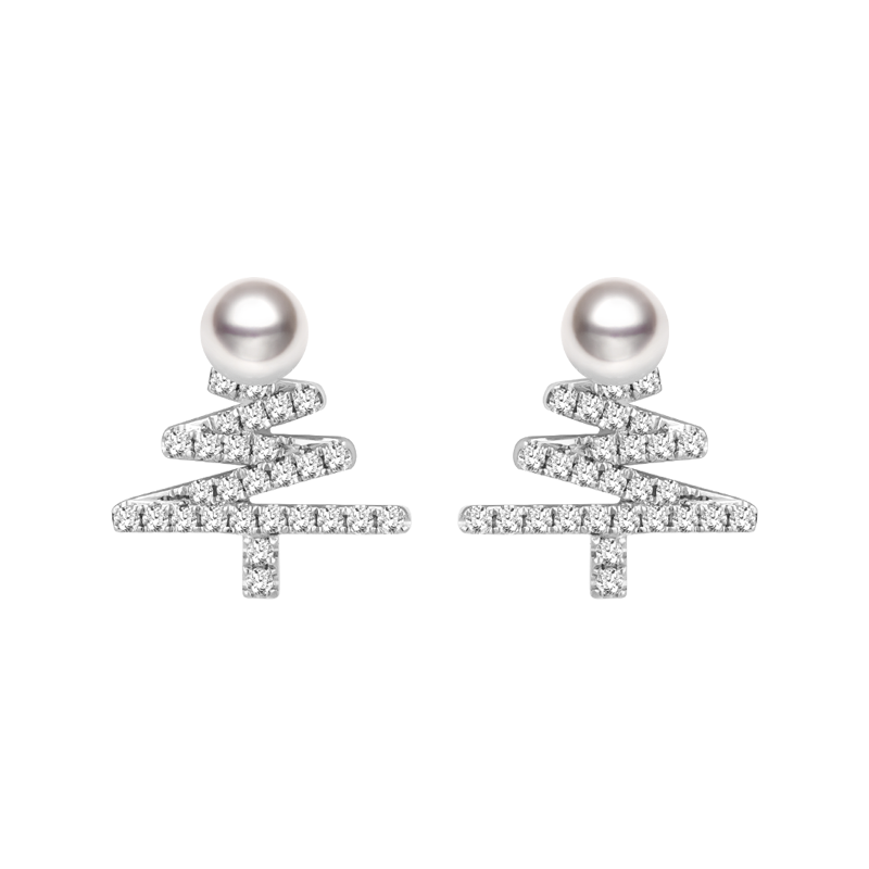 Wish Collection Akoya Pearl Christmas Tree earrings in 18k white gold featuring pearl accents and festive holiday design