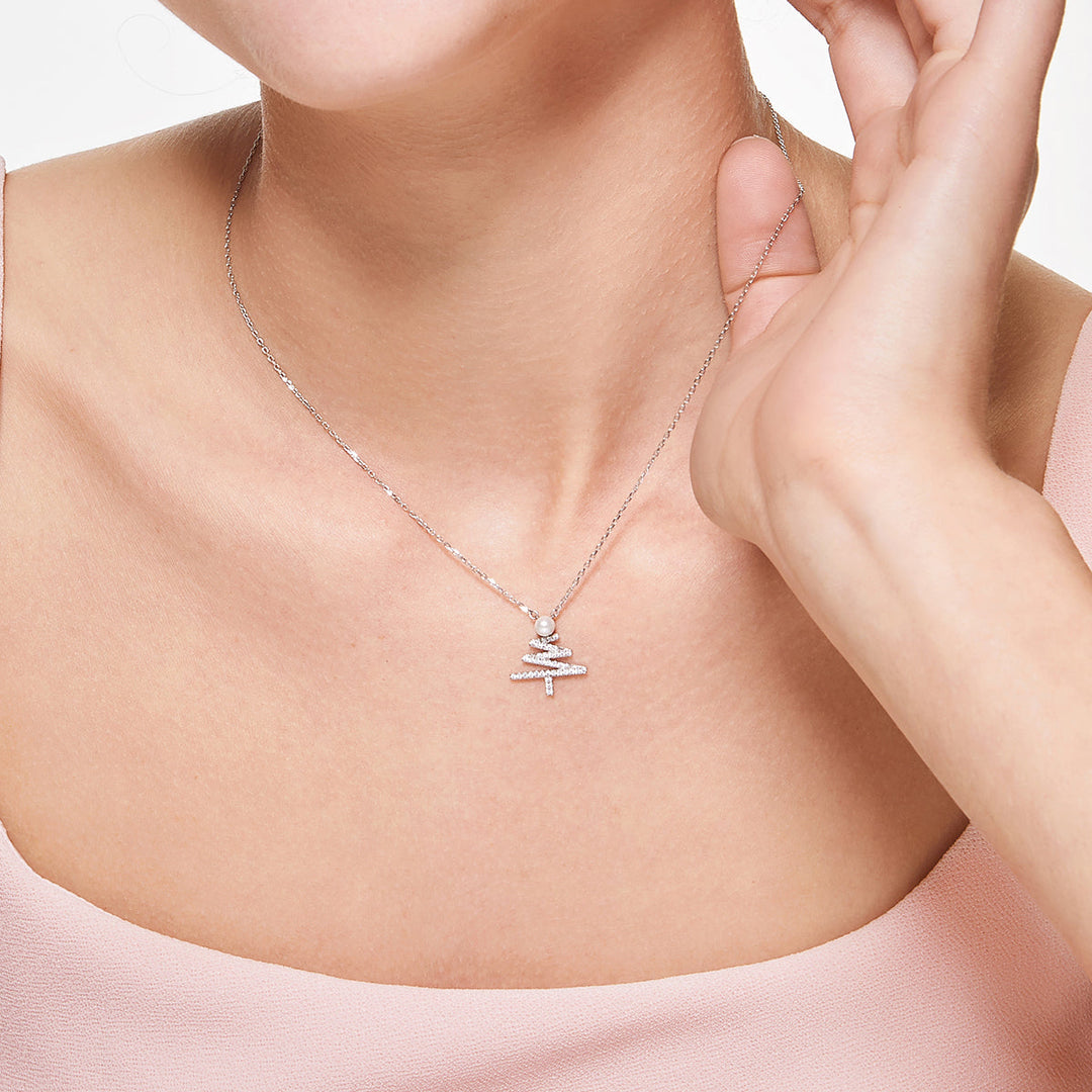 18K White Gold Christmas Tree Diamond Pendant Necklace