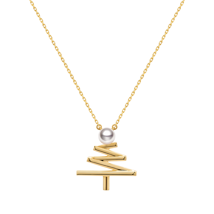 Akoya pearl Christmas tree necklace by Wish Collection featuring 18k yellow gold with a festive holiday design.