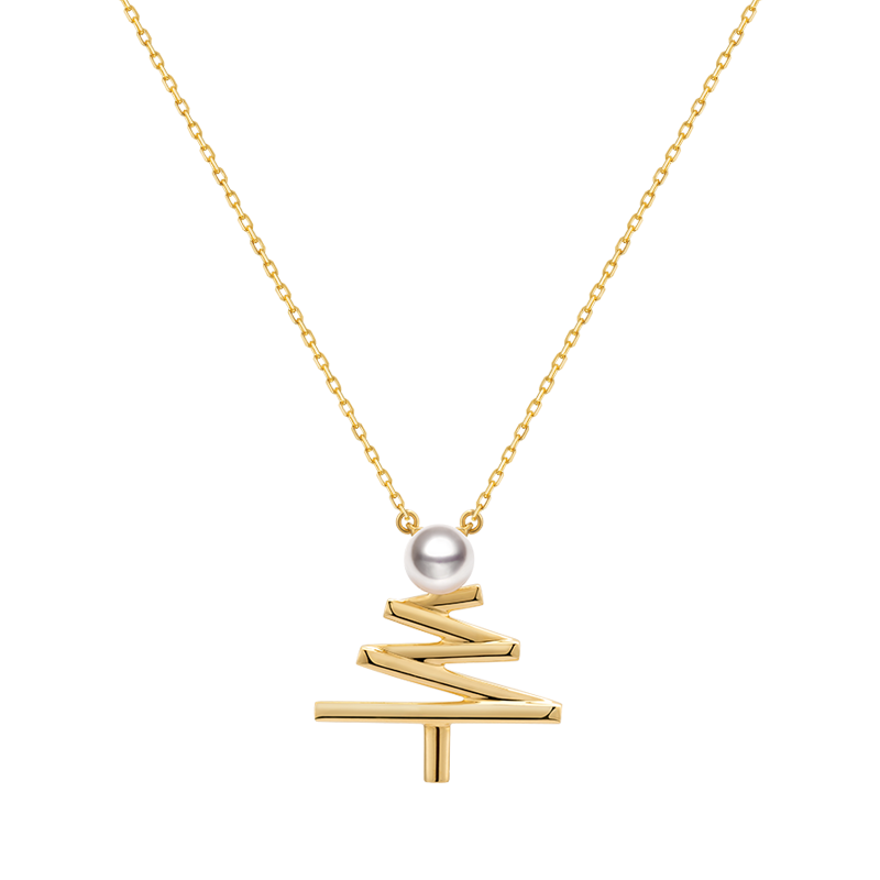 Akoya pearl Christmas tree necklace by Wish Collection featuring 18k yellow gold with a festive holiday design.