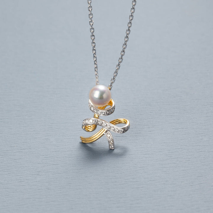 Akoya Pearl 18K Gold Diamonds Two - tone Ribbon Wish Tree Necklace - HELAS Jewelry