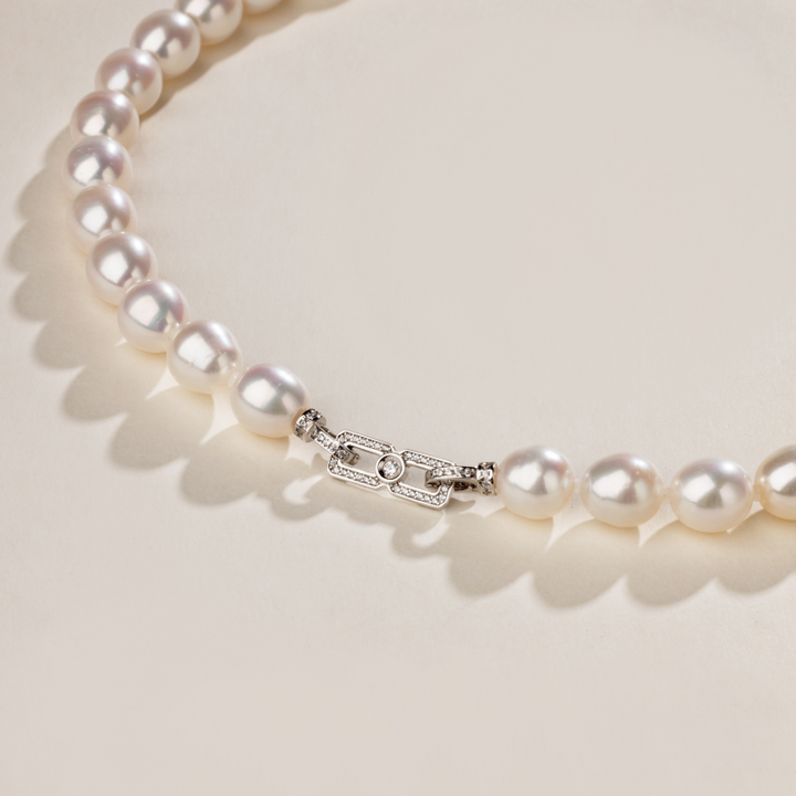 Oval Freshwater Pearl 925 Sterling Silver Cubic Zirconia Double Clasp Necklace