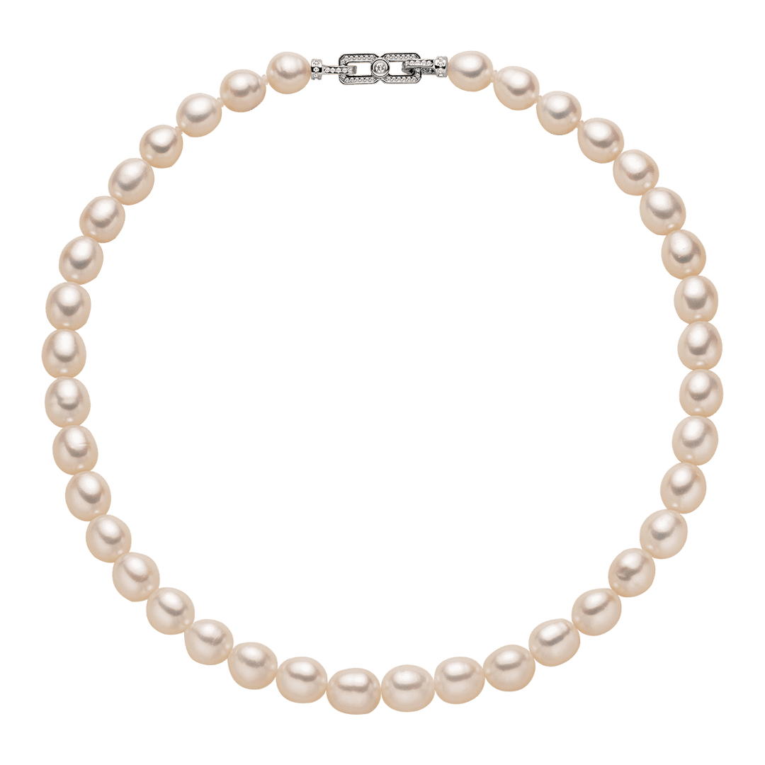 Oval Freshwater Pearl 925 Sterling Silver Cubic Zirconia Double Clasp Necklace