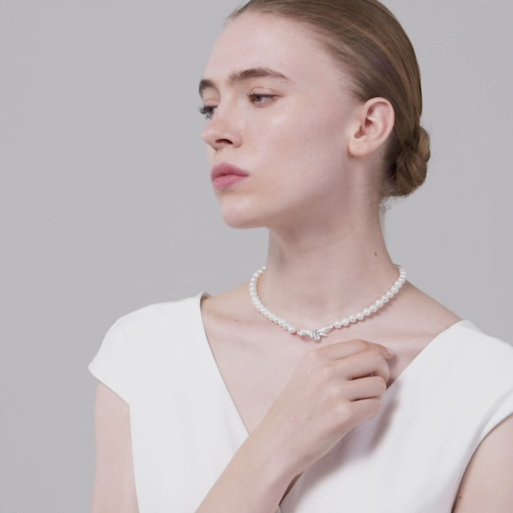 Akoya Pearl 18K White Gold Bowknot Diamond Necklace